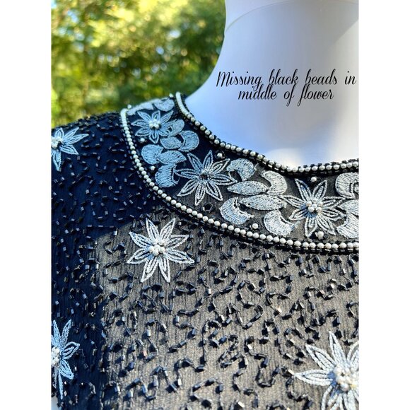Vintage Black Beaded & Silver Floral Embroidered Short-Sleeve Top With Intricate - Picture 5 of 12